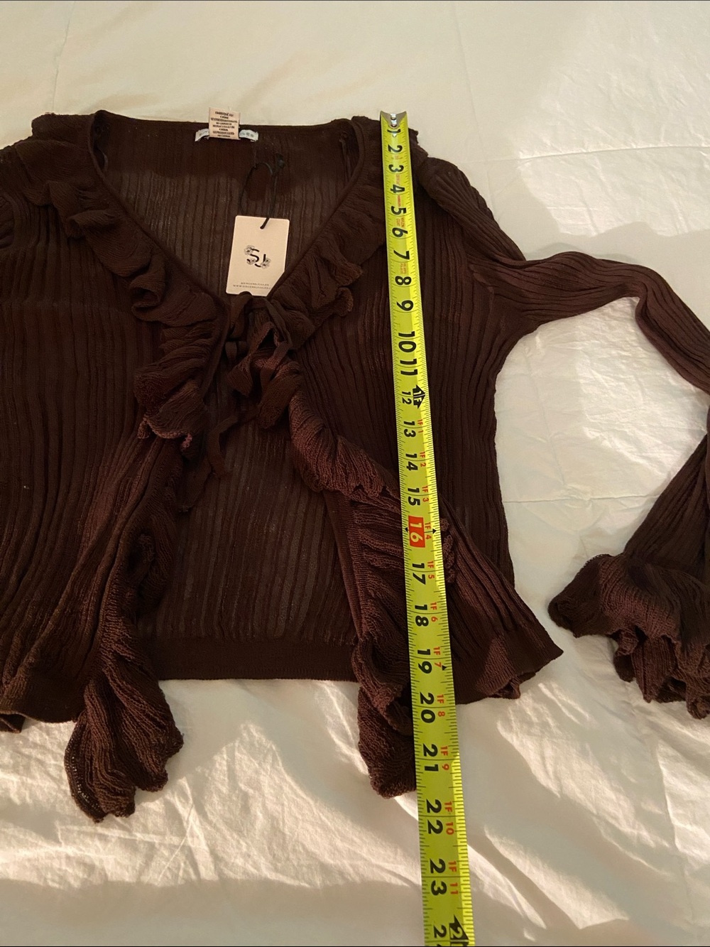 🤎Sincerly Jules Women's Brown Ruffled V-Neck Cardigan🤎 - Picture 7 of 12